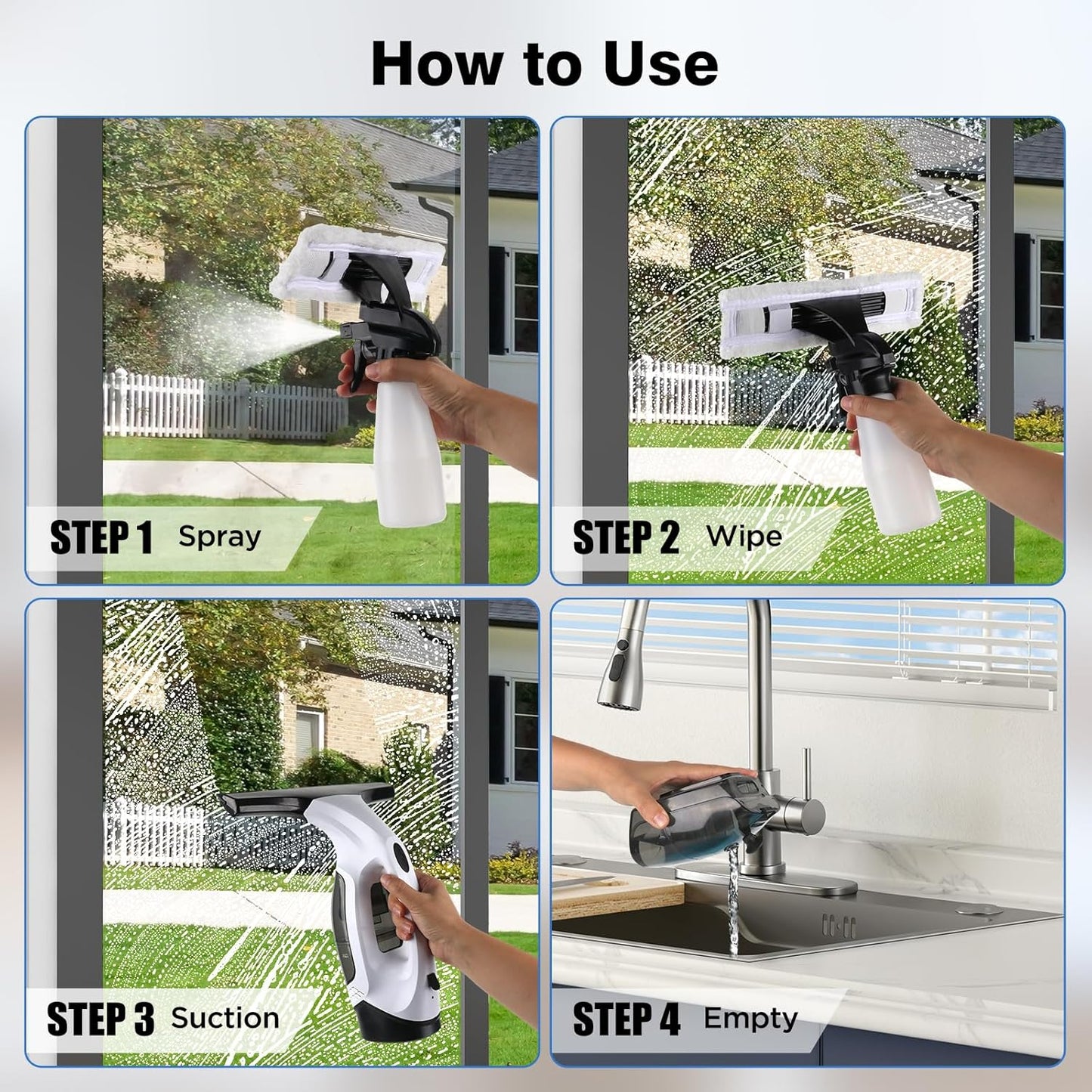 Window Vacuum Squeegee Cordless, 2000Pa Electric Window Cleaner Tool with 2200Mah & 150Ml Water Collection Tank, Cleaning Kit Shower Squeegee for Glass Doors, Tiles, Mirrors, Car (White)