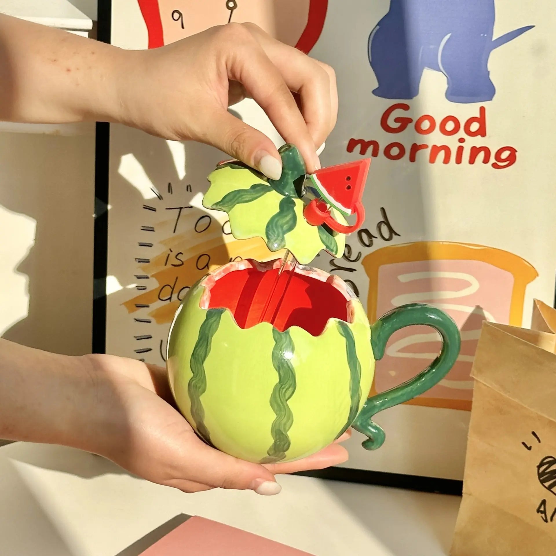 UFORU Cute and Creative Ceramic Mug Set, Strawberry/Watermelon/Coconut/Panda Coffee Cup with Lid/Straw/Spoon, Ceramic Cup Home, Microwave Dishwasher for Office Use, Instagram Style Cute Girl Gift