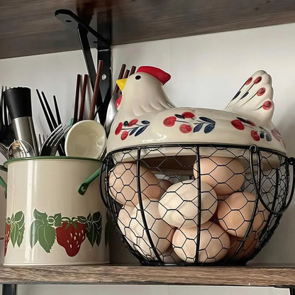 Ceramic Egg Basket with Metal Wire and Lid, Multifunctional Kitchen Storage Box, Decorative Food Organizer for Eggs, Fruits, Vegetables, Multipurpose Basket