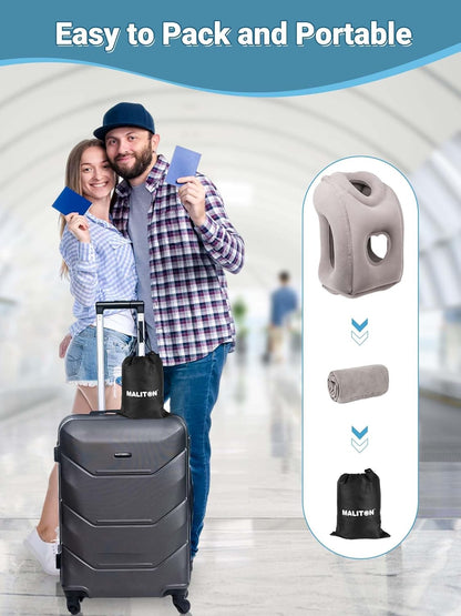 Inflatable Travel Pillow for Airplane Comfortable Sleeping to Relieve Neck and Shoulder Pain, Support Head Inflatable Pillow for Long Flights, Used for Airplanes, Cars, Trains, Office (Grey)