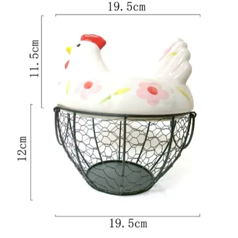 Ceramic Egg Basket with Metal Wire and Lid, Multifunctional Kitchen Storage Box, Decorative Food Organizer for Eggs, Fruits, Vegetables, Multipurpose Basket