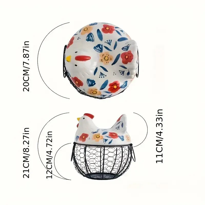 Ceramic Egg Basket with Metal Wire and Lid, Multifunctional Kitchen Storage Box, Decorative Food Organizer for Eggs, Fruits, Vegetables, Multipurpose Basket