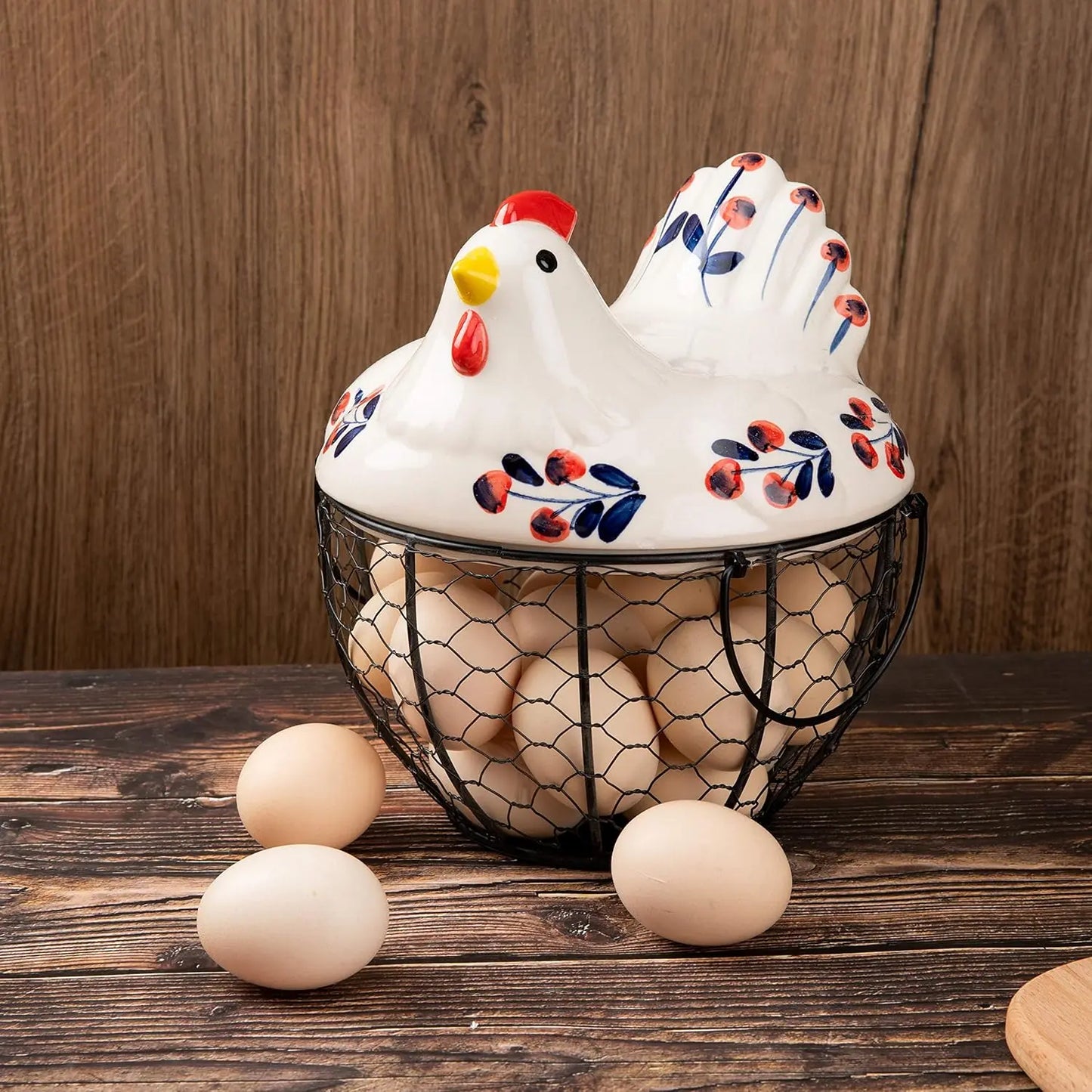 Ceramic Egg Basket with Metal Wire and Lid, Multifunctional Kitchen Storage Box, Decorative Food Organizer for Eggs, Fruits, Vegetables, Multipurpose Basket