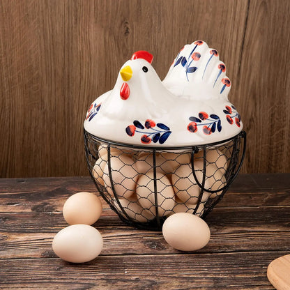 Ceramic Egg Basket with Metal Wire and Lid, Multifunctional Kitchen Storage Box, Decorative Food Organizer for Eggs, Fruits, Vegetables, Multipurpose Basket