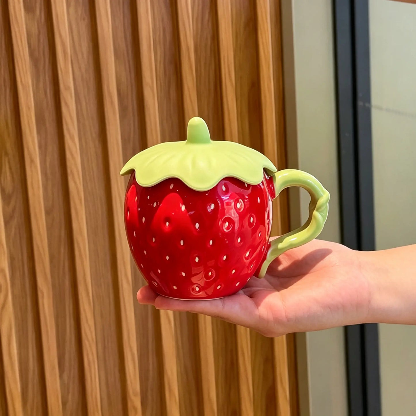 UFORU Cute and Creative Ceramic Mug Set, Strawberry/Watermelon/Coconut/Panda Coffee Cup with Lid/Straw/Spoon, Ceramic Cup Home, Microwave Dishwasher for Office Use, Instagram Style Cute Girl Gift