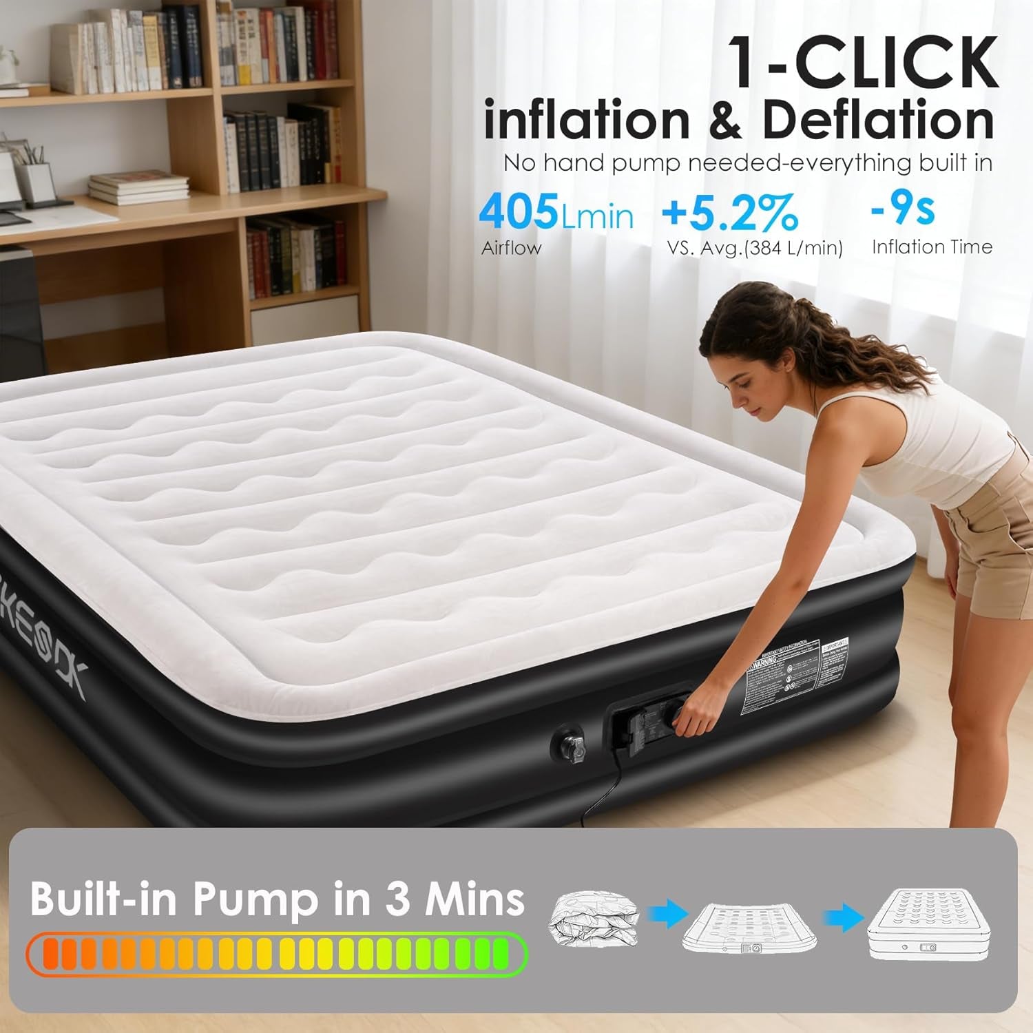 Air Mattress Queen with Built in Pump,Comfortable Waterproof Flocked Surface Inflatable Mattress for Temporary Family Stays and Travel,16-Inch Blow up Mattress Inflates in 3 Minutes