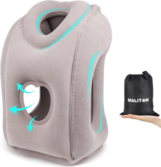 Inflatable Travel Pillow for Airplane Comfortable Sleeping to Relieve Neck and Shoulder Pain, Support Head Inflatable Pillow for Long Flights, Used for Airplanes, Cars, Trains, Office (Grey)