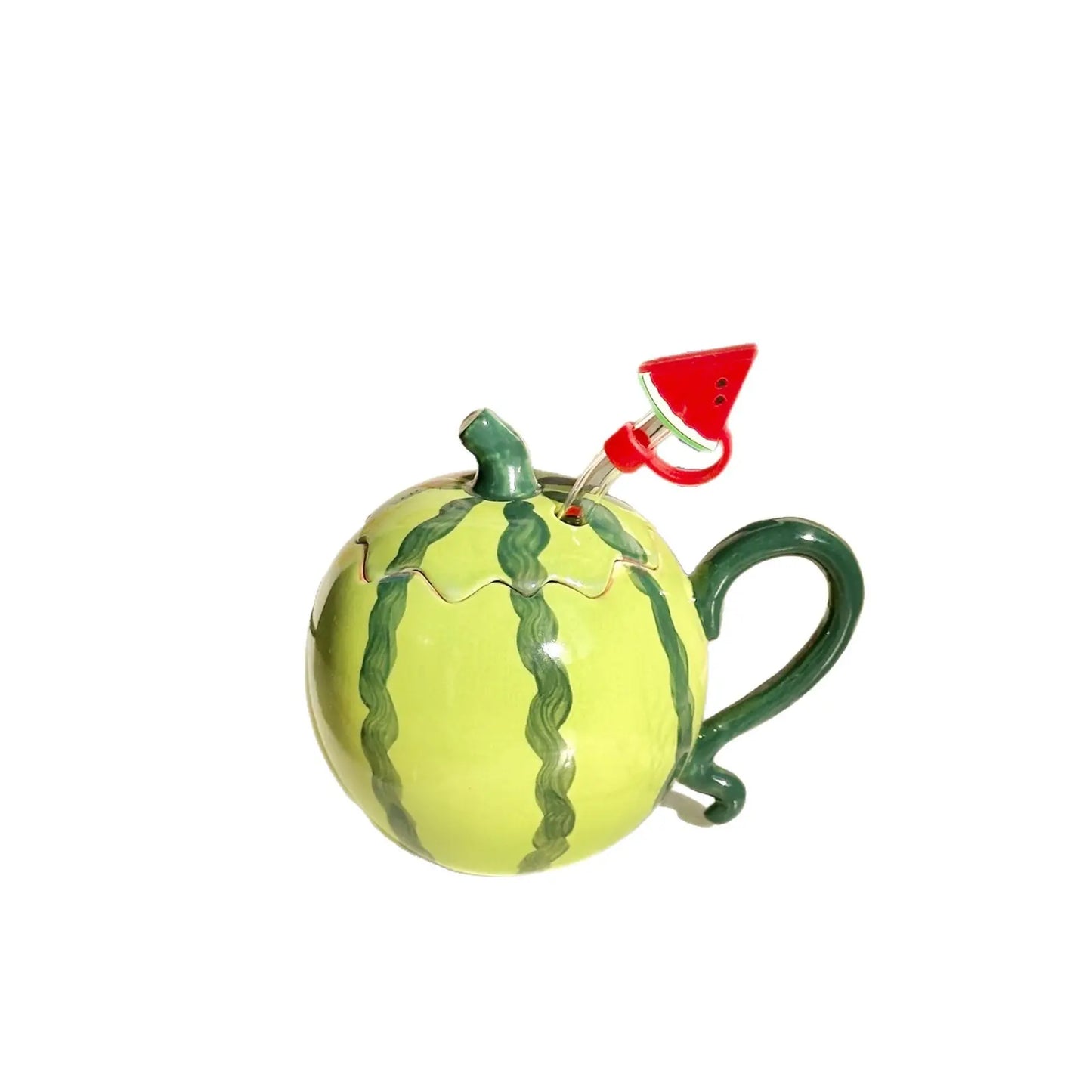 UFORU Cute and Creative Ceramic Mug Set, Strawberry/Watermelon/Coconut/Panda Coffee Cup with Lid/Straw/Spoon, Ceramic Cup Home, Microwave Dishwasher for Office Use, Instagram Style Cute Girl Gift
