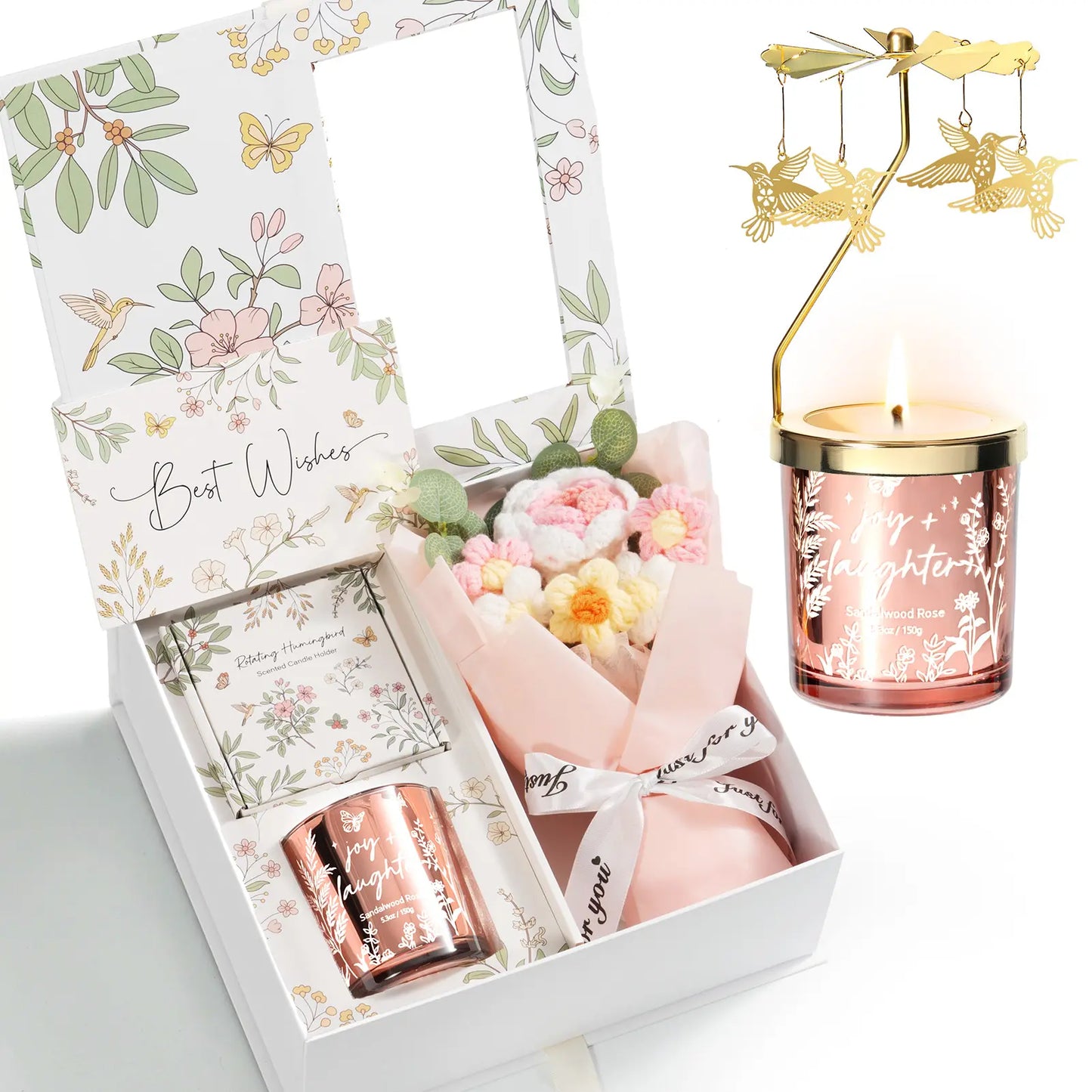 Mayicivo Mother'S Day Gifts for Women Mom Friend Sister, Unique Birthday Gifts for Women Girlfriend Wife Daughter, Christmas Candles Hummingbird Rotating Scented Candles Set for Woman with Crochet Flower Bouquet