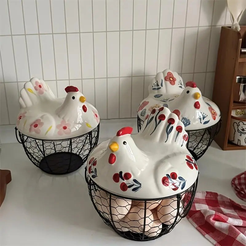 Ceramic Egg Basket with Metal Wire and Lid, Multifunctional Kitchen Storage Box, Decorative Food Organizer for Eggs, Fruits, Vegetables, Multipurpose Basket