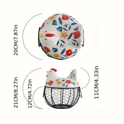 Ceramic Egg Basket with Metal Wire and Lid, Multifunctional Kitchen Storage Box, Decorative Food Organizer for Eggs, Fruits, Vegetables, Multipurpose Basket