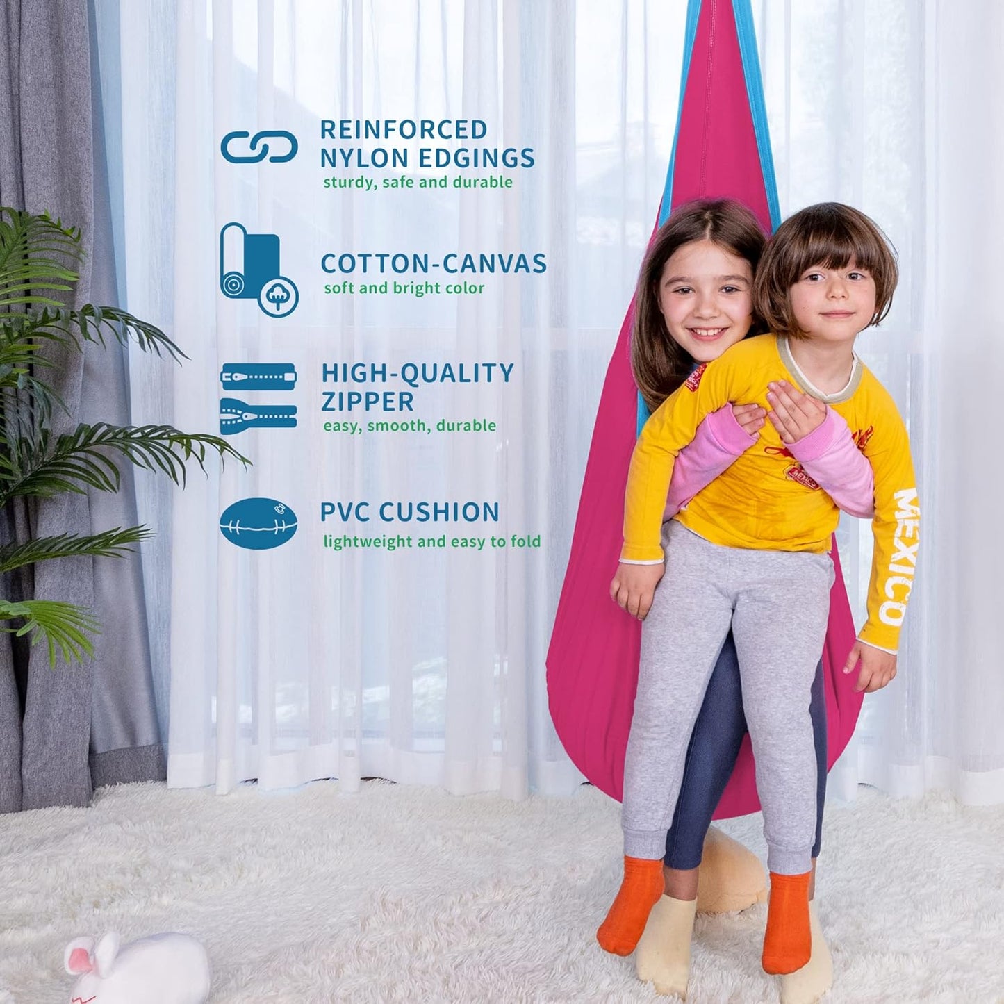 Kids Pod Swing Seat, Cotton Child Hammock Swing Chair, Sensory Swing for Indoor and Outdoor Use, Pink and Blue