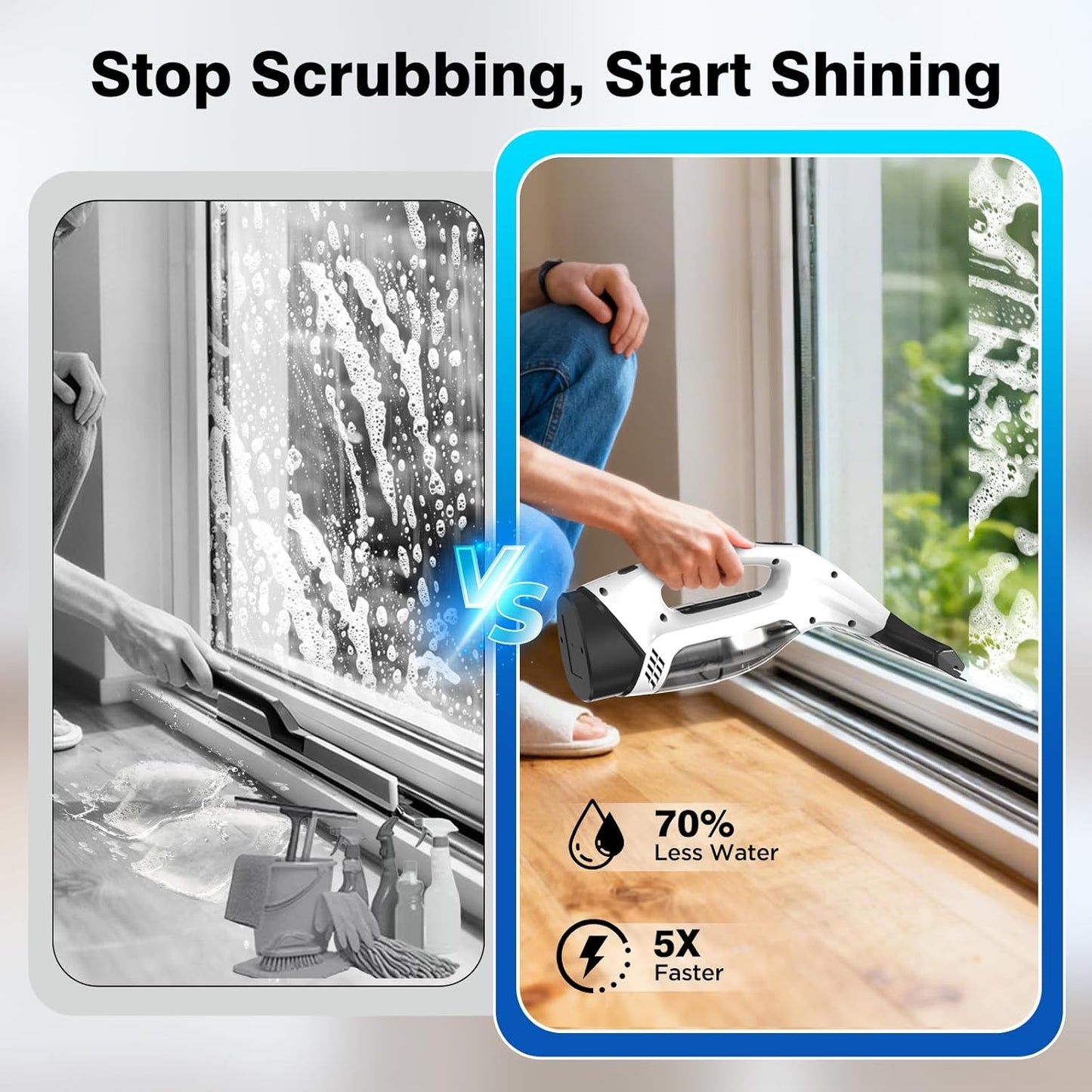 Window Vacuum Squeegee Cordless, 2000Pa Electric Window Cleaner Tool with 2200Mah & 150Ml Water Collection Tank, Cleaning Kit Shower Squeegee for Glass Doors, Tiles, Mirrors, Car (White)