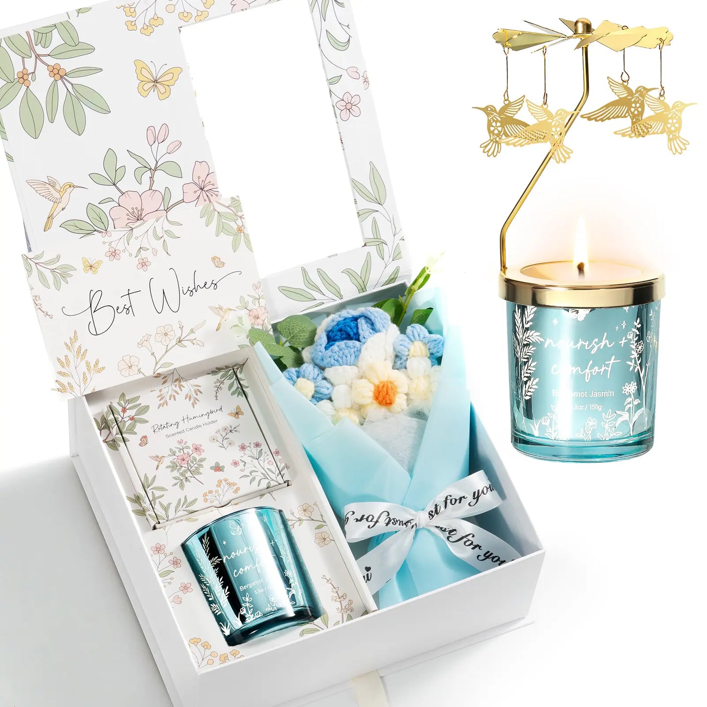Mayicivo Mother'S Day Gifts for Women Mom Friend Sister, Unique Birthday Gifts for Women Girlfriend Wife Daughter, Christmas Candles Hummingbird Rotating Scented Candles Set for Woman with Crochet Flower Bouquet