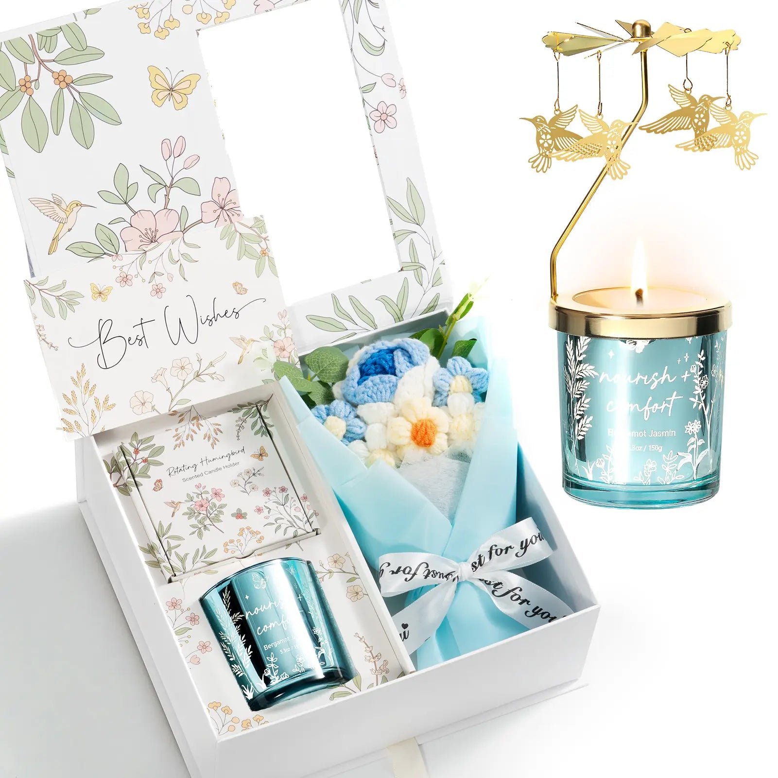Mayicivo Mother'S Day Gifts for Women Mom Friend Sister, Unique Birthday Gifts for Women Girlfriend Wife Daughter, Christmas Candles Hummingbird Rotating Scented Candles Set for Woman with Crochet Flower Bouquet