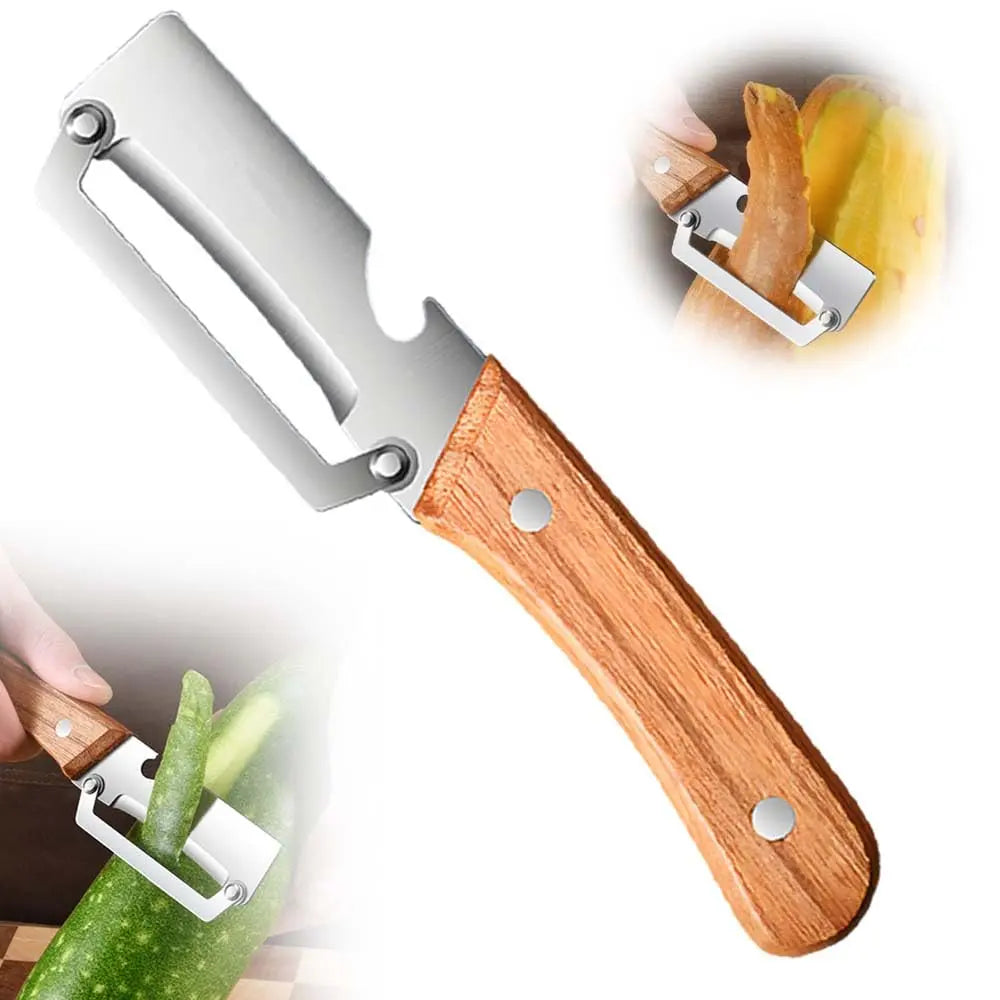 Multi-Functional Vegetable Peeler for Kitchen, Ultra-Sharp Stainless Steel Blade with Wooden Handle and Bottle Opener, for Vegetables or Fruits That Need to Be Peeled (2 Pcs)