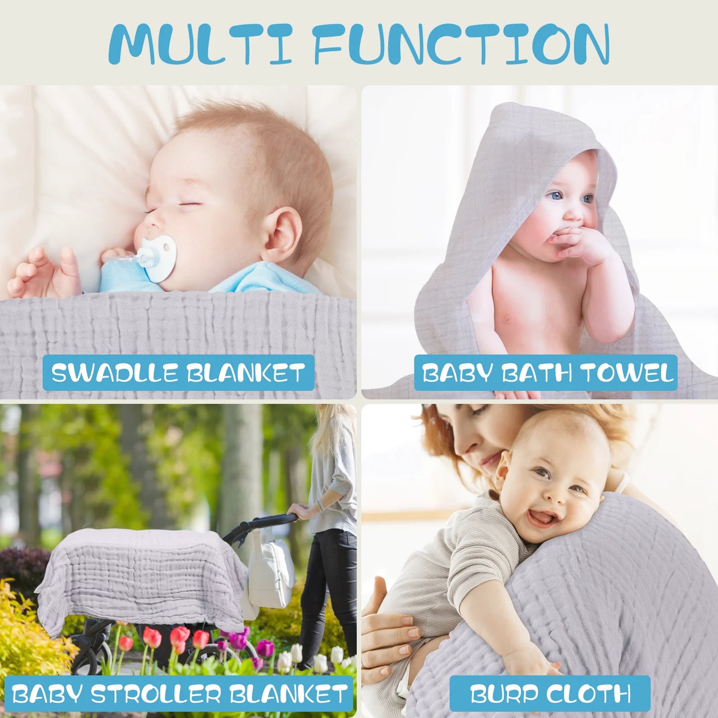 Muslin Baby Bath Towel Soft Muslin Cotton Baby Towel Absorbent 3 Pack 40" X 40" (Grey)