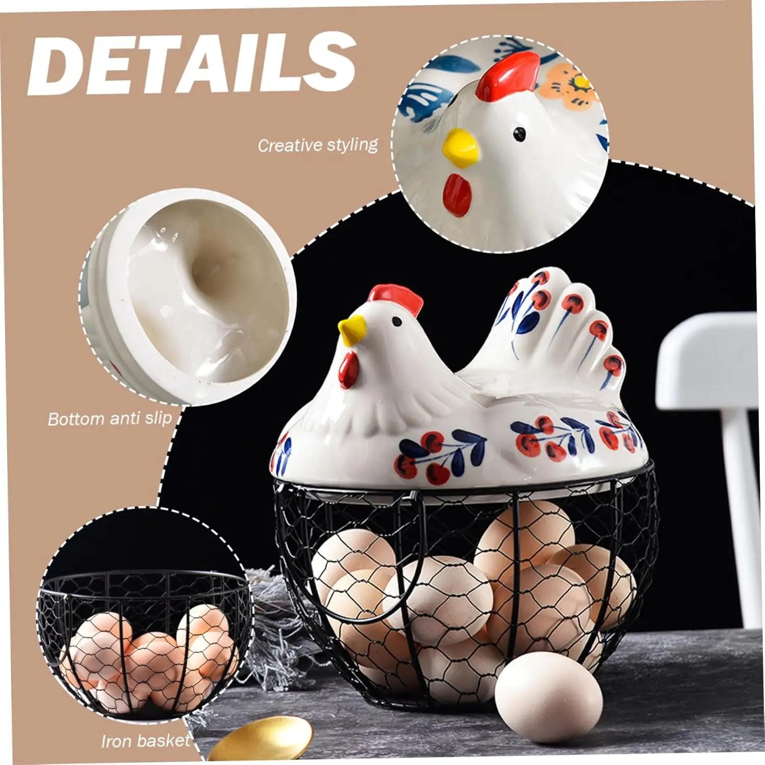 Ceramic Egg Basket with Metal Wire and Lid, Multifunctional Kitchen Storage Box, Decorative Food Organizer for Eggs, Fruits, Vegetables, Multipurpose Basket