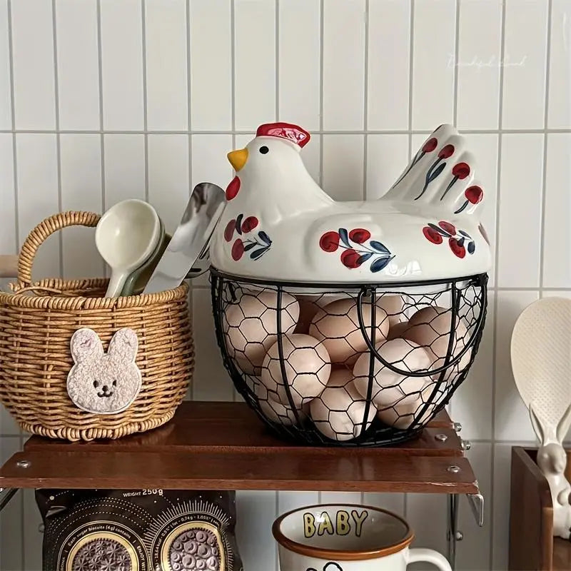 Ceramic Egg Basket with Metal Wire and Lid, Multifunctional Kitchen Storage Box, Decorative Food Organizer for Eggs, Fruits, Vegetables, Multipurpose Basket