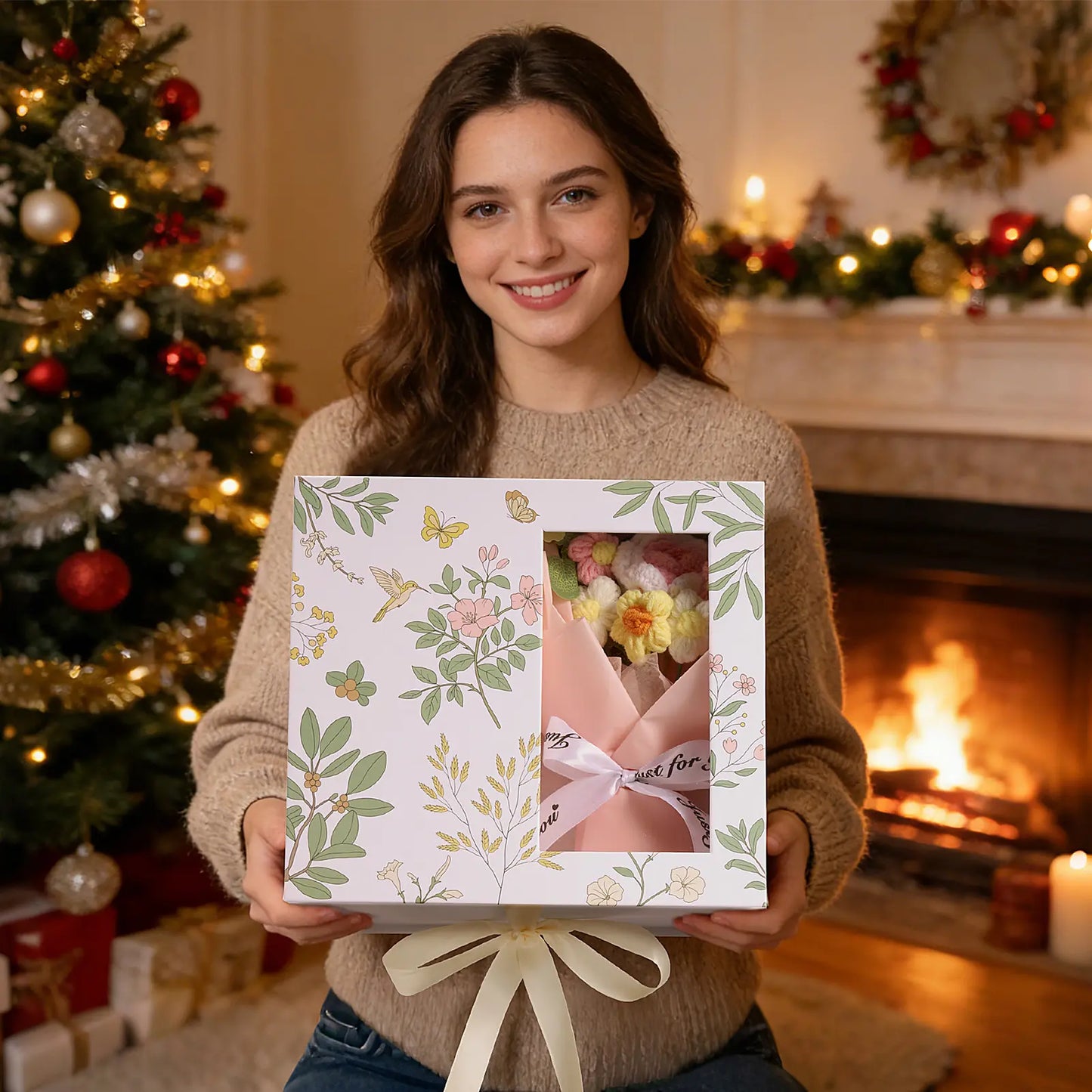 Mayicivo Mother'S Day Gifts for Women Mom Friend Sister, Unique Birthday Gifts for Women Girlfriend Wife Daughter, Christmas Candles Hummingbird Rotating Scented Candles Set for Woman with Crochet Flower Bouquet