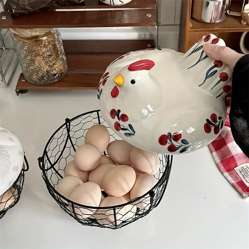 Ceramic Egg Basket with Metal Wire and Lid, Multifunctional Kitchen Storage Box, Decorative Food Organizer for Eggs, Fruits, Vegetables, Multipurpose Basket