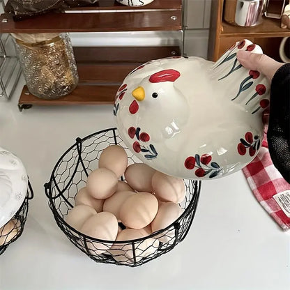 Ceramic Egg Basket with Metal Wire and Lid, Multifunctional Kitchen Storage Box, Decorative Food Organizer for Eggs, Fruits, Vegetables, Multipurpose Basket