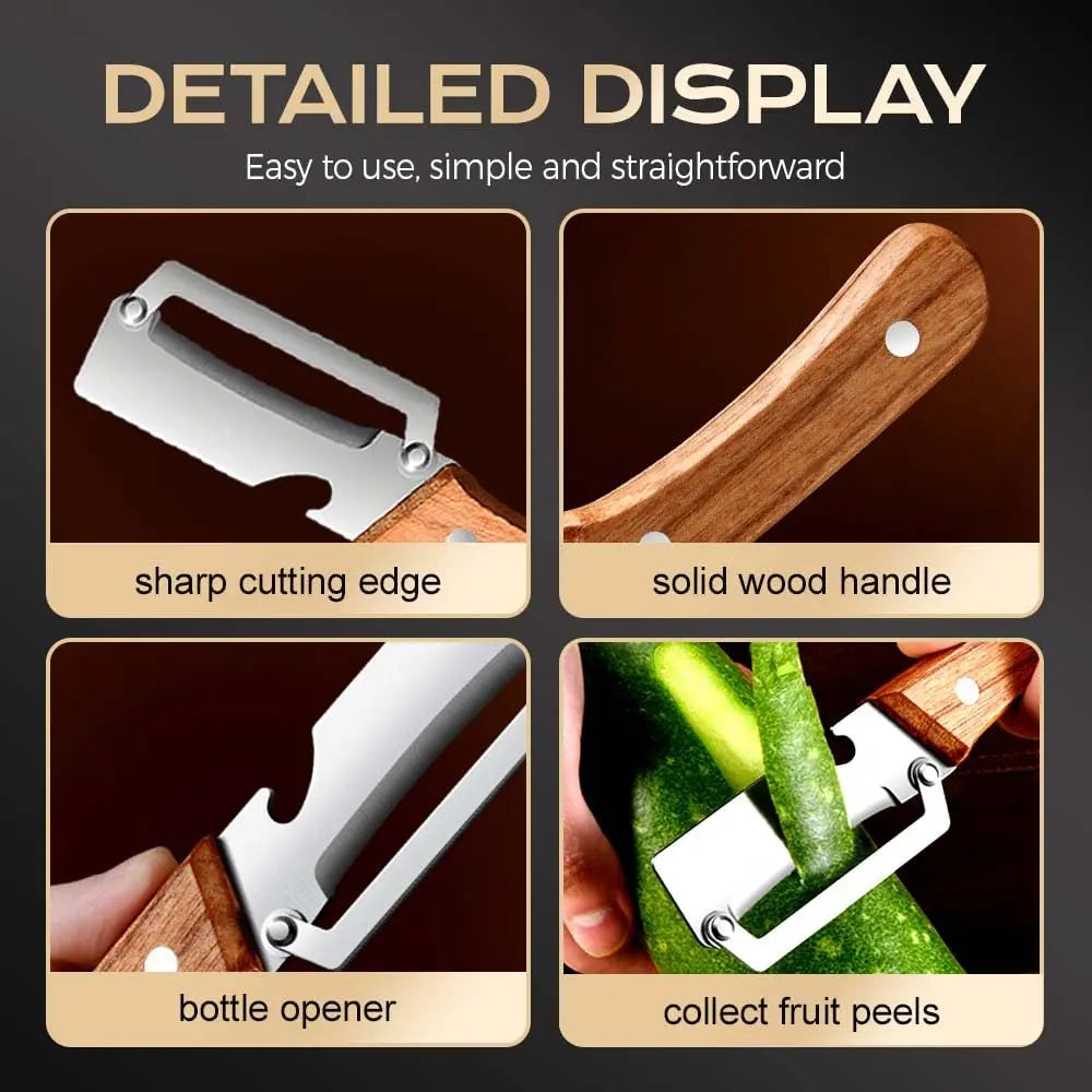 Multi-Functional Vegetable Peeler for Kitchen, Ultra-Sharp Stainless Steel Blade with Wooden Handle and Bottle Opener, for Vegetables or Fruits That Need to Be Peeled (2 Pcs)