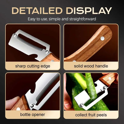 Multi-Functional Vegetable Peeler for Kitchen, Ultra-Sharp Stainless Steel Blade with Wooden Handle and Bottle Opener, for Vegetables or Fruits That Need to Be Peeled (2 Pcs)