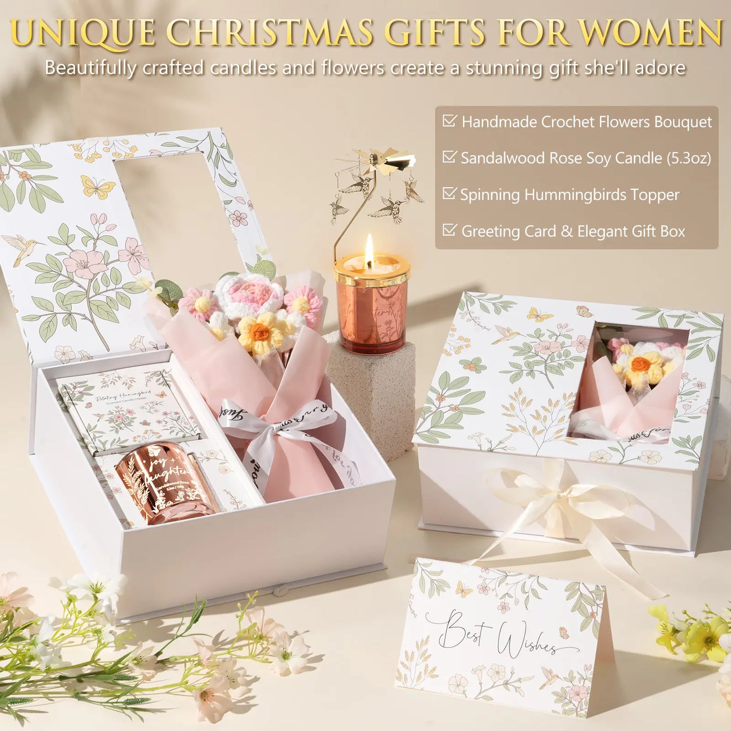 Mayicivo Mother'S Day Gifts for Women Mom Friend Sister, Unique Birthday Gifts for Women Girlfriend Wife Daughter, Christmas Candles Hummingbird Rotating Scented Candles Set for Woman with Crochet Flower Bouquet