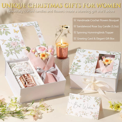 Mayicivo Mother'S Day Gifts for Women Mom Friend Sister, Unique Birthday Gifts for Women Girlfriend Wife Daughter, Christmas Candles Hummingbird Rotating Scented Candles Set for Woman with Crochet Flower Bouquet