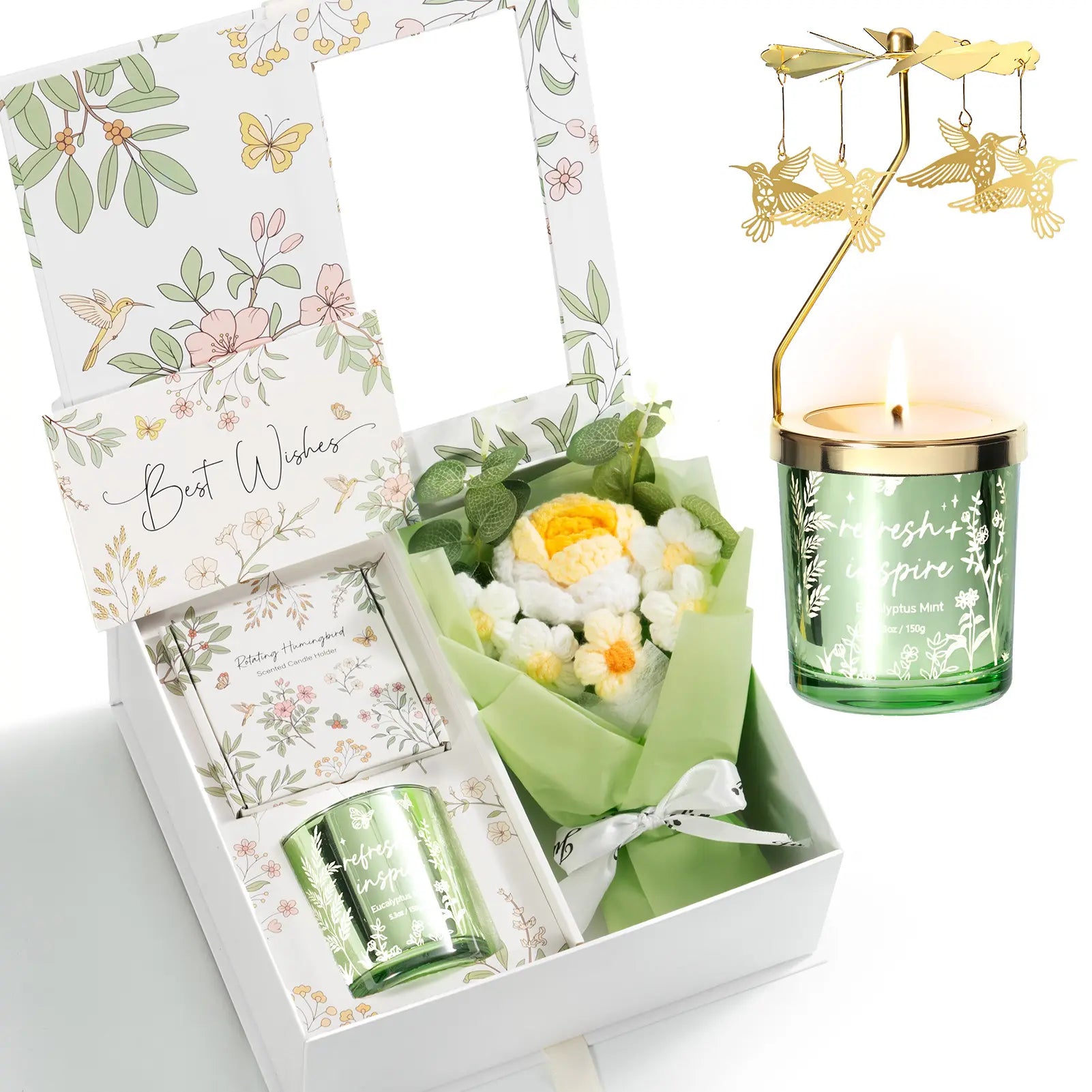 Mayicivo Mother'S Day Gifts for Women Mom Friend Sister, Unique Birthday Gifts for Women Girlfriend Wife Daughter, Christmas Candles Hummingbird Rotating Scented Candles Set for Woman with Crochet Flower Bouquet