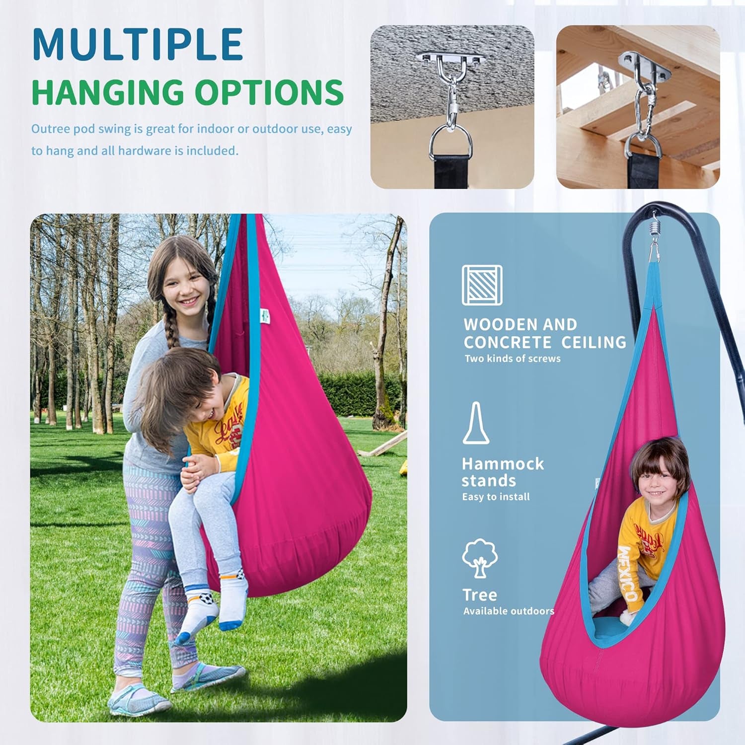 Kids Pod Swing Seat, Cotton Child Hammock Swing Chair, Sensory Swing for Indoor and Outdoor Use, Pink and Blue