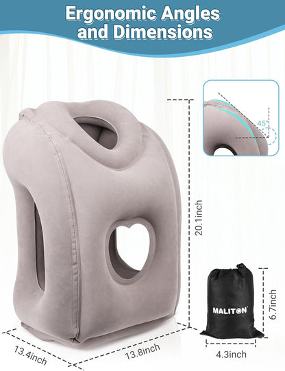 Inflatable Travel Pillow for Airplane Comfortable Sleeping to Relieve Neck and Shoulder Pain, Support Head Inflatable Pillow for Long Flights, Used for Airplanes, Cars, Trains, Office (Grey)