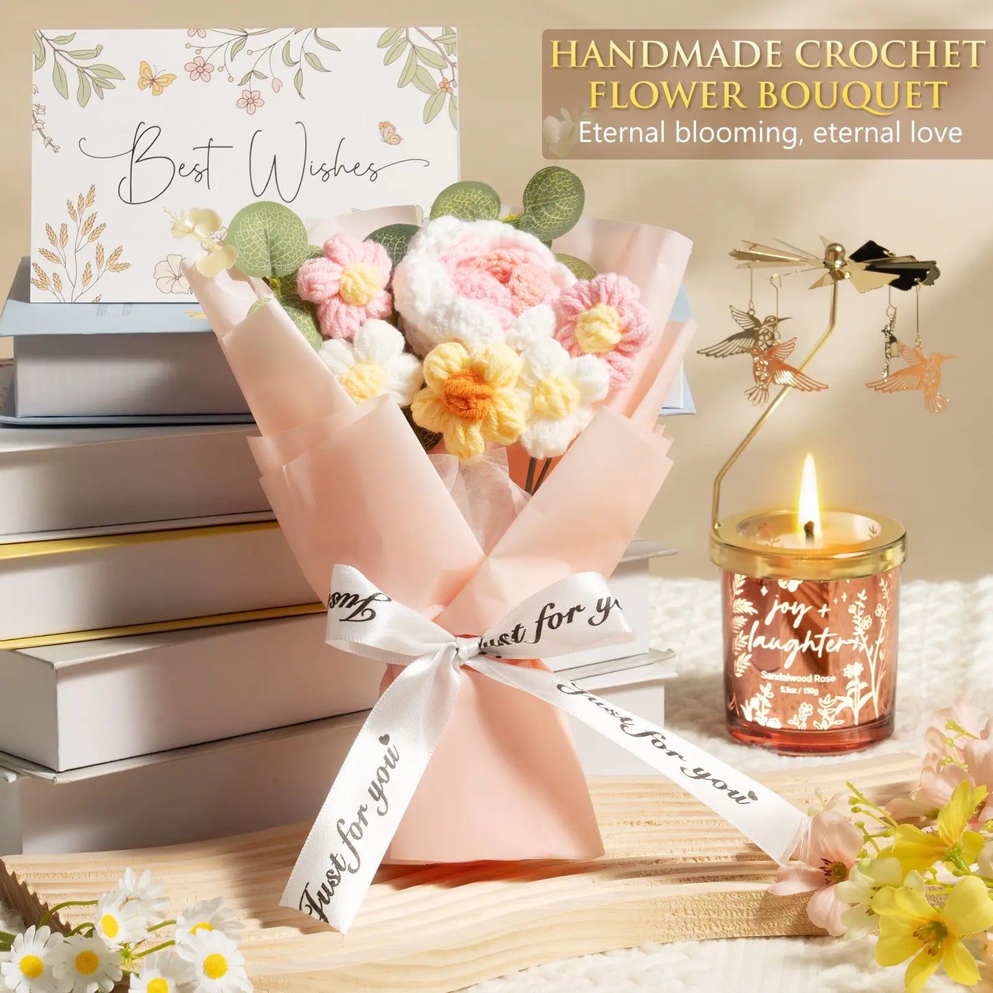 Mayicivo Mother'S Day Gifts for Women Mom Friend Sister, Unique Birthday Gifts for Women Girlfriend Wife Daughter, Christmas Candles Hummingbird Rotating Scented Candles Set for Woman with Crochet Flower Bouquet