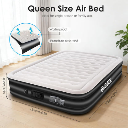 Air Mattress Queen with Built in Pump,Comfortable Waterproof Flocked Surface Inflatable Mattress for Temporary Family Stays and Travel,16-Inch Blow up Mattress Inflates in 3 Minutes