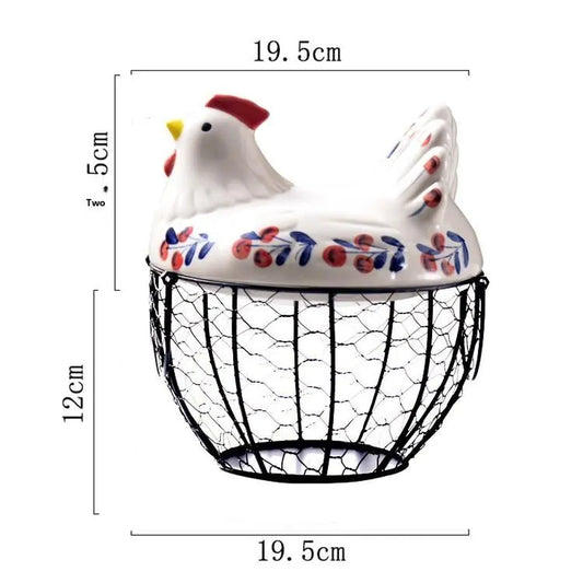 Ceramic Egg Basket with Metal Wire and Lid, Multifunctional Kitchen Storage Box, Decorative Food Organizer for Eggs, Fruits, Vegetables, Multipurpose Basket