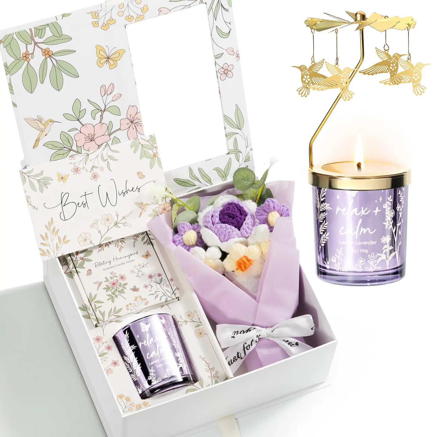 Mayicivo Mother'S Day Gifts for Women Mom Friend Sister, Unique Birthday Gifts for Women Girlfriend Wife Daughter, Christmas Candles Hummingbird Rotating Scented Candles Set for Woman with Crochet Flower Bouquet