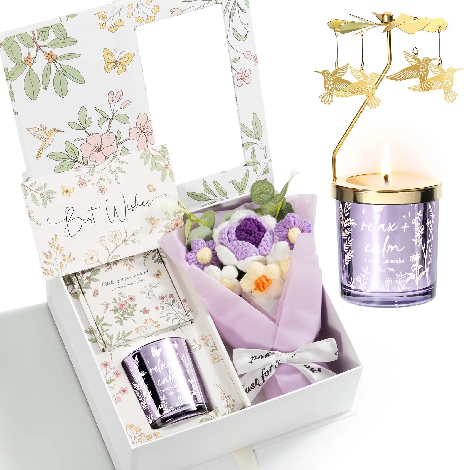 Mayicivo Mother'S Day Gifts for Women Mom Friend Sister, Unique Birthday Gifts for Women Girlfriend Wife Daughter, Christmas Candles Hummingbird Rotating Scented Candles Set for Woman with Crochet Flower Bouquet