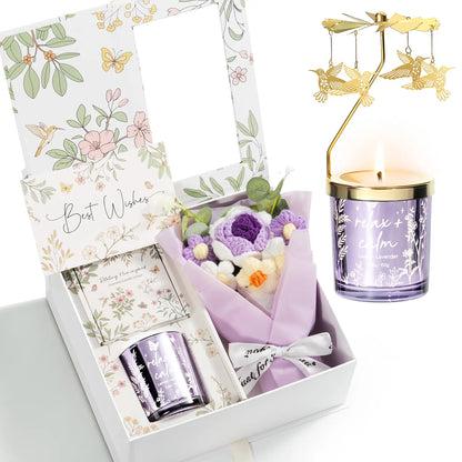 Mayicivo Mother'S Day Gifts for Women Mom Friend Sister, Unique Birthday Gifts for Women Girlfriend Wife Daughter, Christmas Candles Hummingbird Rotating Scented Candles Set for Woman with Crochet Flower Bouquet