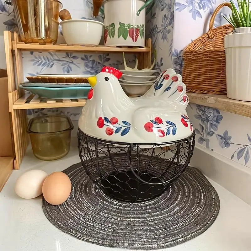 Ceramic Egg Basket with Metal Wire and Lid, Multifunctional Kitchen Storage Box, Decorative Food Organizer for Eggs, Fruits, Vegetables, Multipurpose Basket