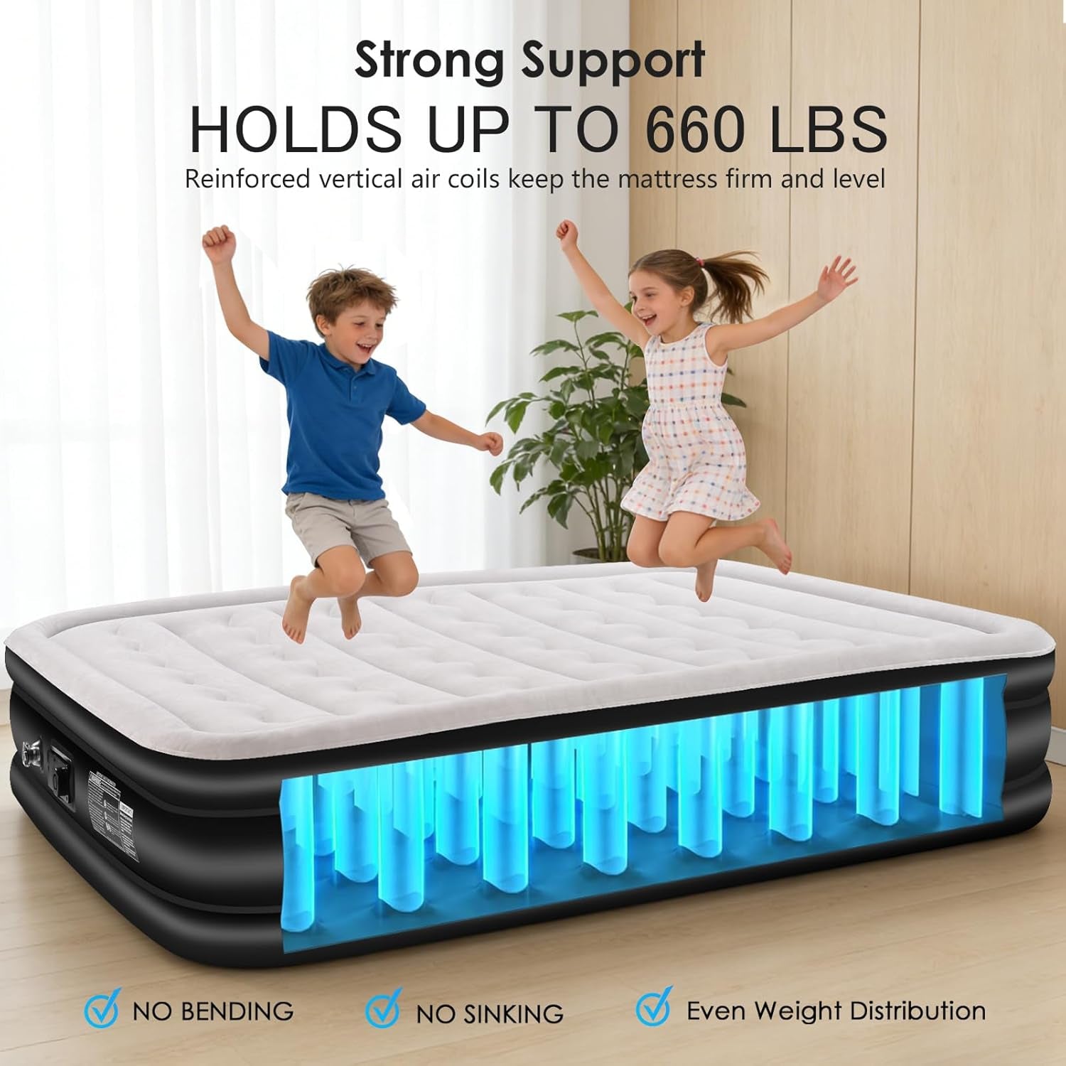 Air Mattress Queen with Built in Pump,Comfortable Waterproof Flocked Surface Inflatable Mattress for Temporary Family Stays and Travel,16-Inch Blow up Mattress Inflates in 3 Minutes