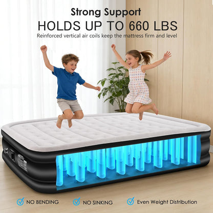 Air Mattress Queen with Built in Pump,Comfortable Waterproof Flocked Surface Inflatable Mattress for Temporary Family Stays and Travel,16-Inch Blow up Mattress Inflates in 3 Minutes