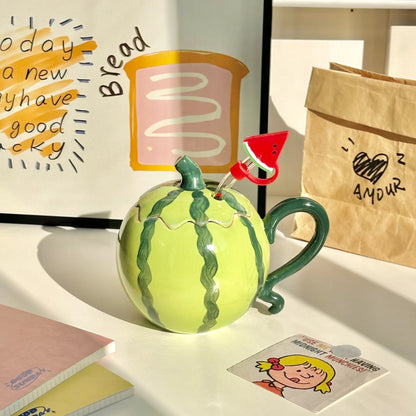UFORU Cute and Creative Ceramic Mug Set, Strawberry/Watermelon/Coconut/Panda Coffee Cup with Lid/Straw/Spoon, Ceramic Cup Home, Microwave Dishwasher for Office Use, Instagram Style Cute Girl Gift
